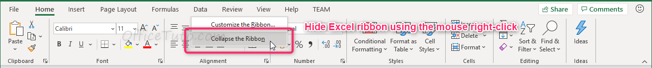 Hide Excel ribbon using right click