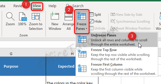 How to unlock frozen rows or columns in Excel