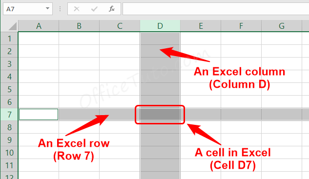 Example of a row, a column and a cell in Excel