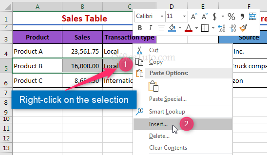 Insert cells in Excel table