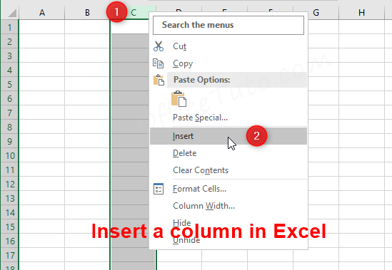 Insert a column in Excel by right-click