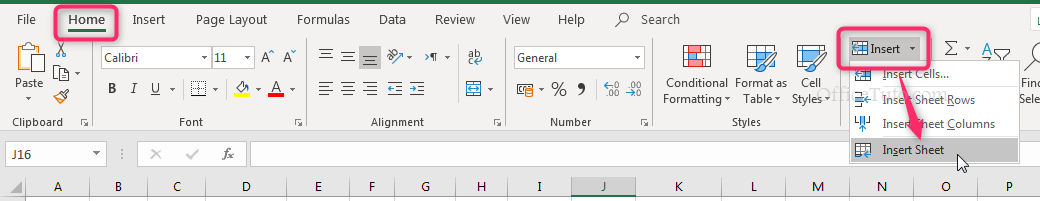 Insert Excel sheet using the ribbon