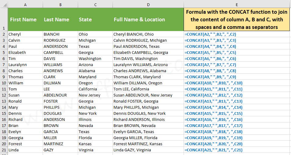 Join content of 3 cells in Excel with different separators, using CONCAT function