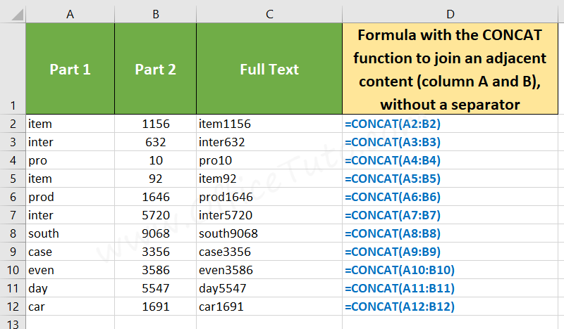 Join content of adjacent excel cells with no separator using CONCAT function