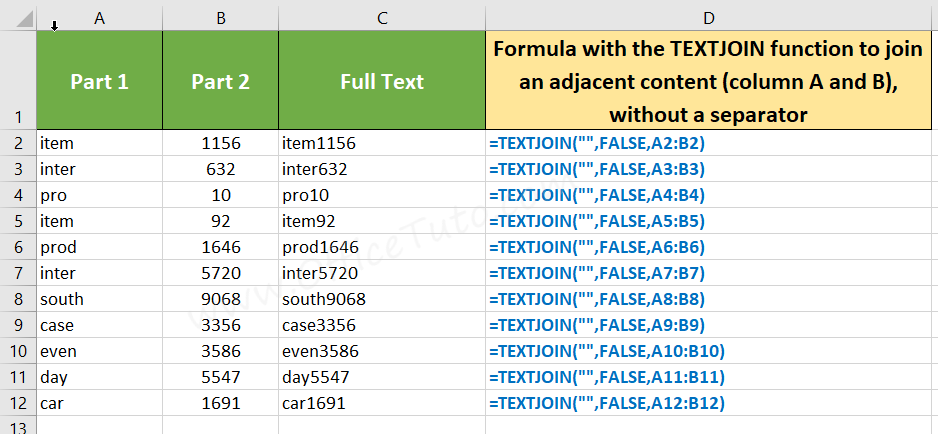 Join content of adjacent Excel cells with no separator using TEXTJOIN