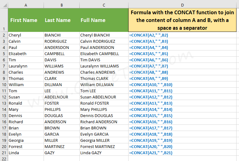 Join content of Excel cells with one separator using CONCAT function