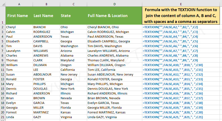 Join content of three cells in Excel with different separators, using TEXTJOIN function