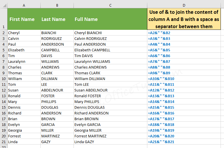 Join the content of Excel cells with a separator, using &