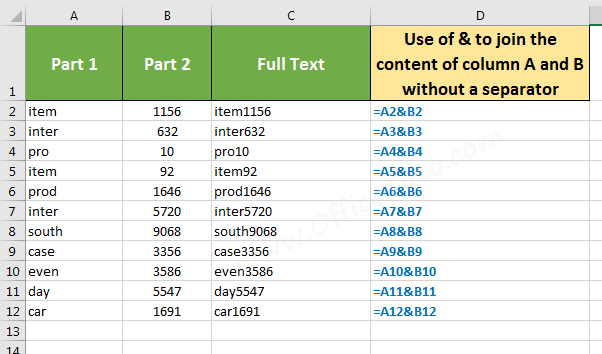 Join Excel cells without separator, using &