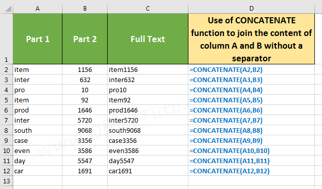 Join Excel cells without separator, using CONCATENATE function