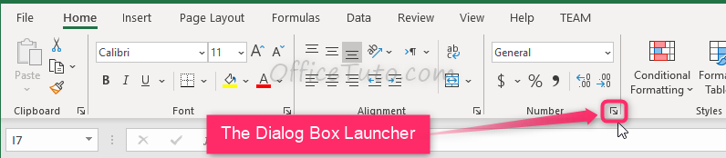 Launcher of the "cell format" dialog box in Excel