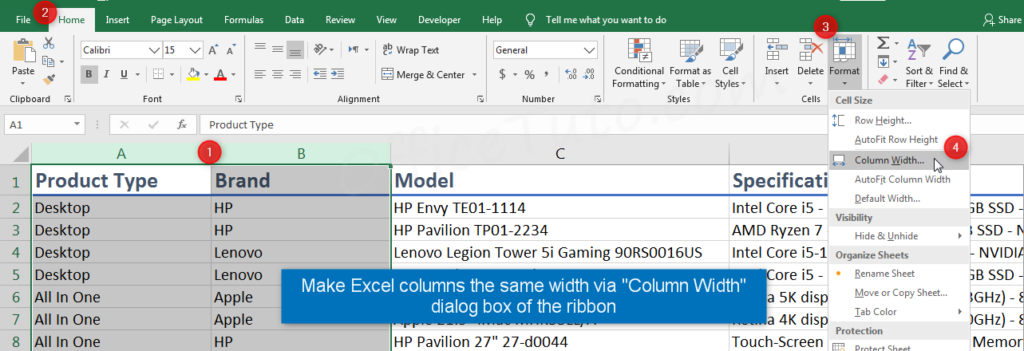 Make Excel columns the same width via column width command of the ribbon
