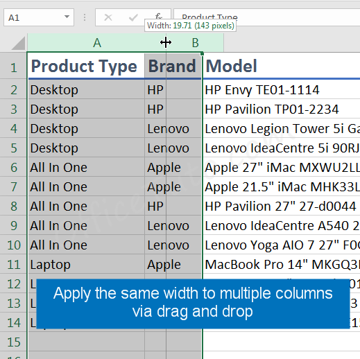 Make Excel columns the same width via drag and drop