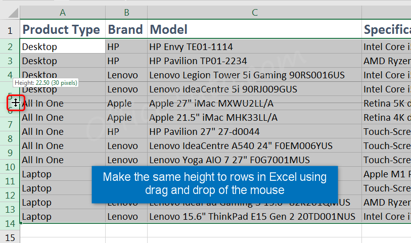 Make the same height to Excel rows using drag and drop