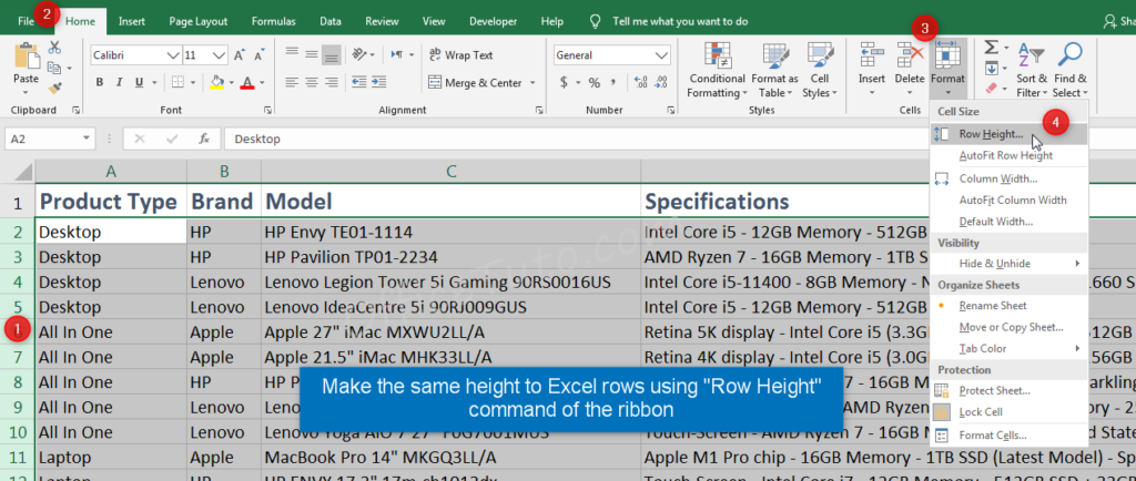 Make the same height to Excel rows using a ribbon command