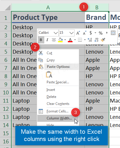 Make the same width to Excel columns using right click