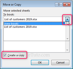 "Move or Copy" dialog box - Excel sheet