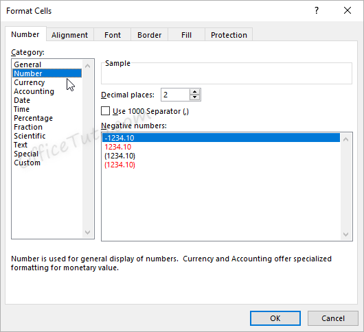 Number formatting in "Format Cells" dialog box - Excel