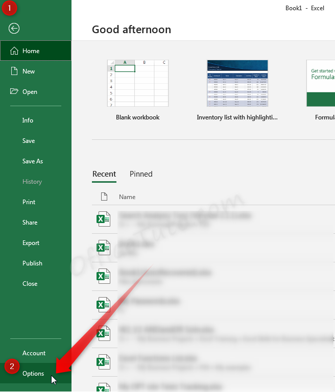 Open Excel options