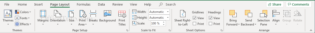 Page Layout tab of Excel ribbon