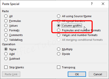 Applying the source columns width to the target ones in Excel using the Paste Special dialog box