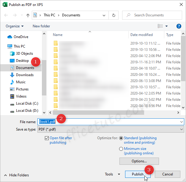 Publish as PDF or XPS dialog box in Office