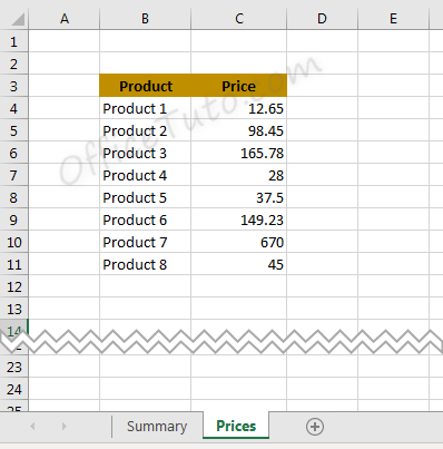 Prices and products data in an Excel sheet