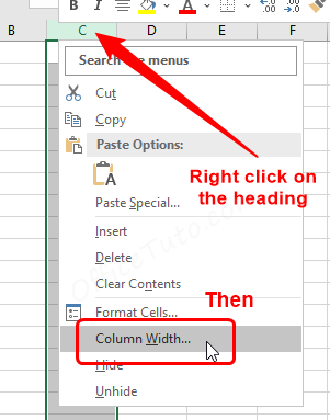Resize a column in Excel using right click