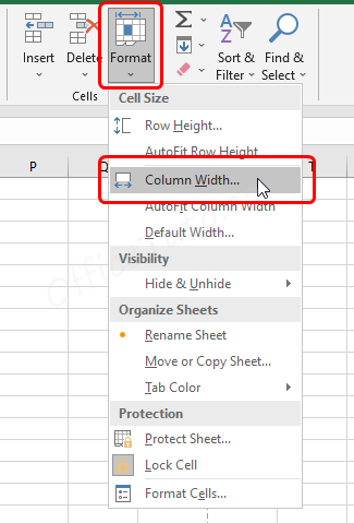 Resize a column in Excel via ribbon commands