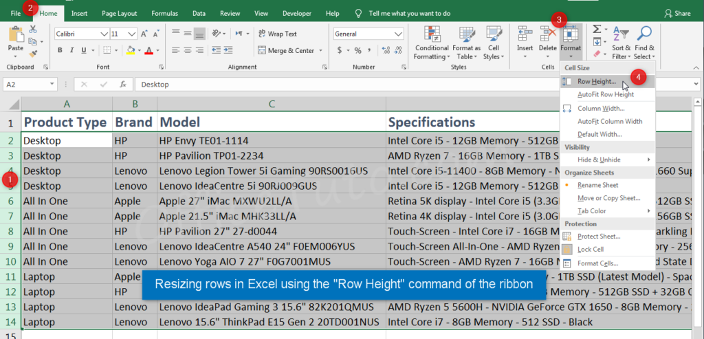 Resize multiple rows in Excel using the ribbon