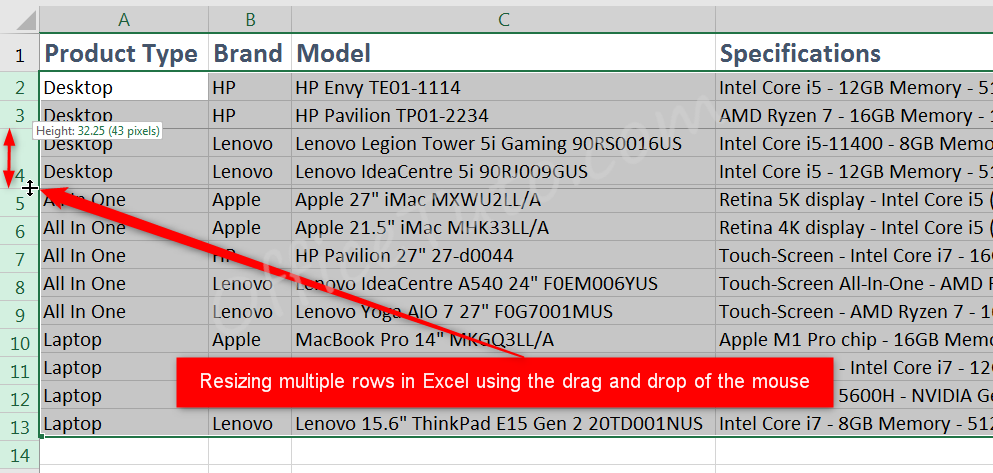 Resize multiple rows in Excel via drag and drop