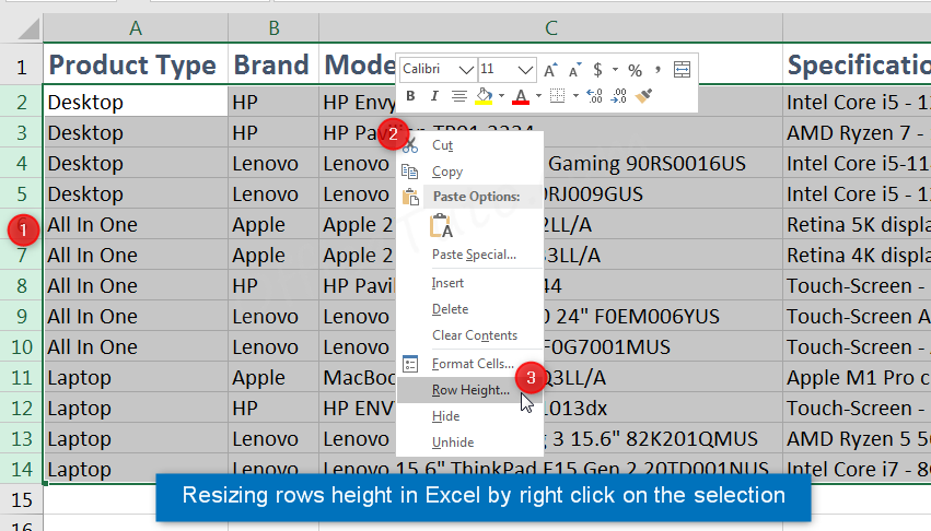 Resize rows in Excel by right click