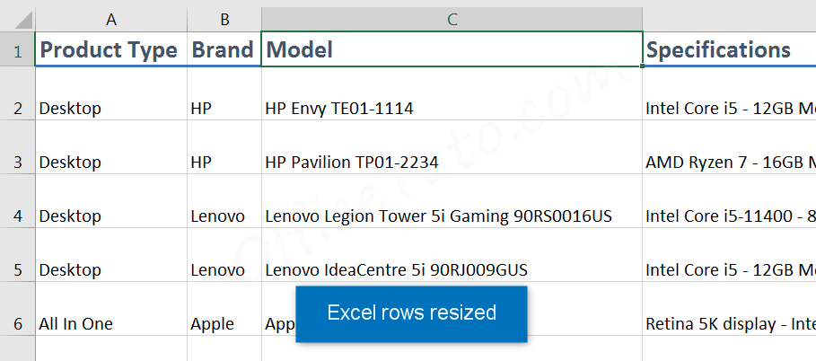 Resized Excel rows