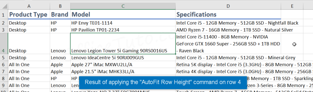 Result of applying autofit row height on a row in Excel