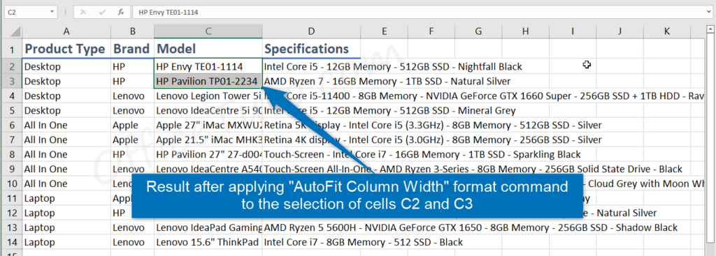 Result of Autofit Column Width command on selected cells in Excel