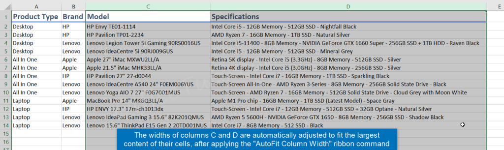 Result of autofit of multiple columns width in Excel using the ribbon