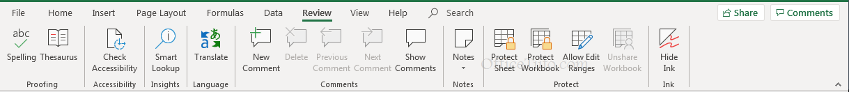 Review tab of Excel ribbon