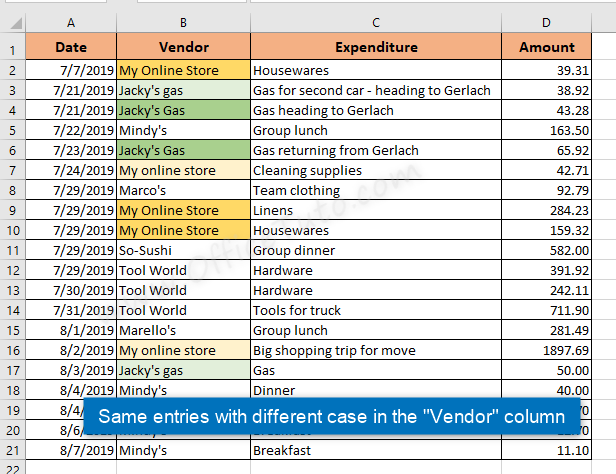 Same entries with different case in Excel column