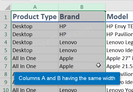 Same width applied to multiple columns in Excel