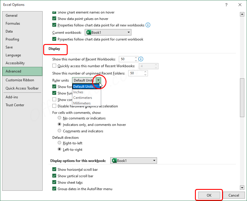 Set ruler and cell units of Page Layout in Excel options