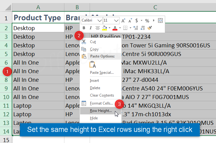 Set the same height to Excel rows using the right click