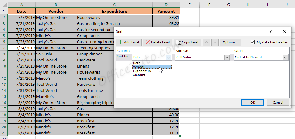 Sort by option in Excel custom sort