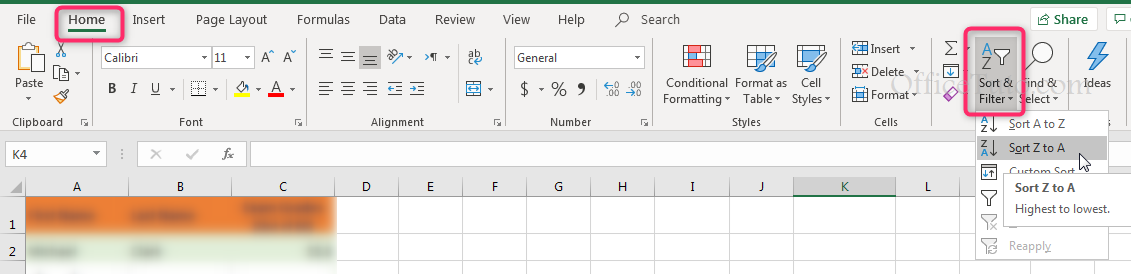 Sort data in Excel using Home tab