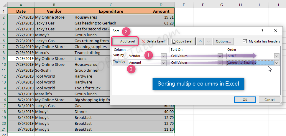 Sort multiple columns in Excel