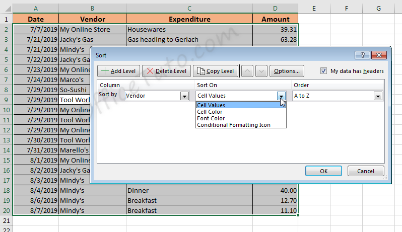 Sort on option in Excel custom sort