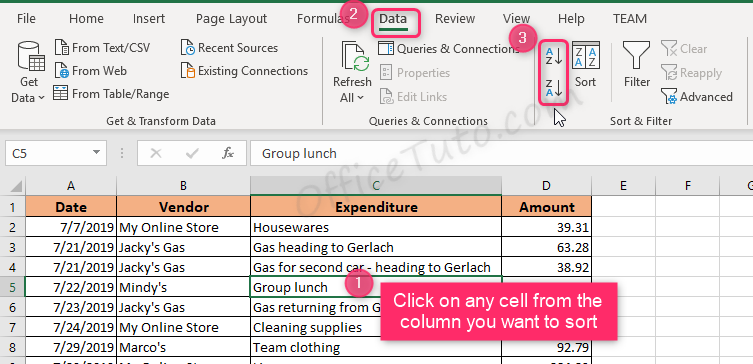 Sort text in Excel using the Data tab of the ribbon
