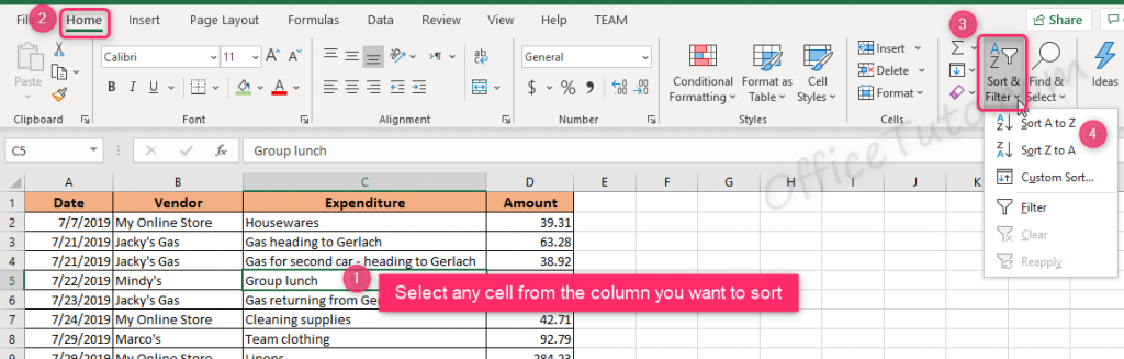 Sort text in Excel using Home tab of the ribbon