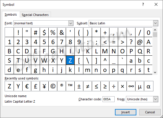 Symbol dialog box in Excel