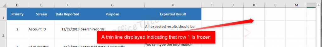 Thin line displayed when freezing feature is applied in Excel