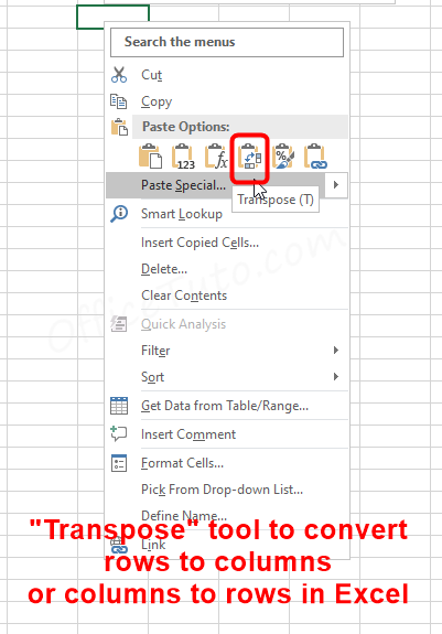 Transpose tool to convert rows to columns or vice-versa in Excel
